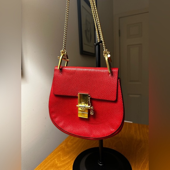 Chloe Red Leather Crossbody w/ Gold Chain Strap - Picture 2 of 14